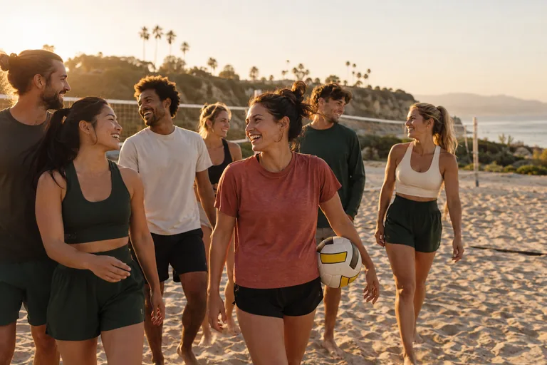 Players connecting after a social volleyball game